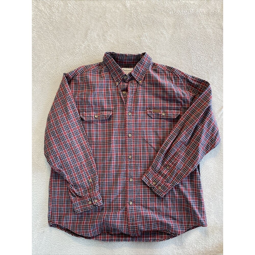 Carhartt Shirt Men's XL Rugged Button Down Plaid Red Blue Shirt S193DBD Collar